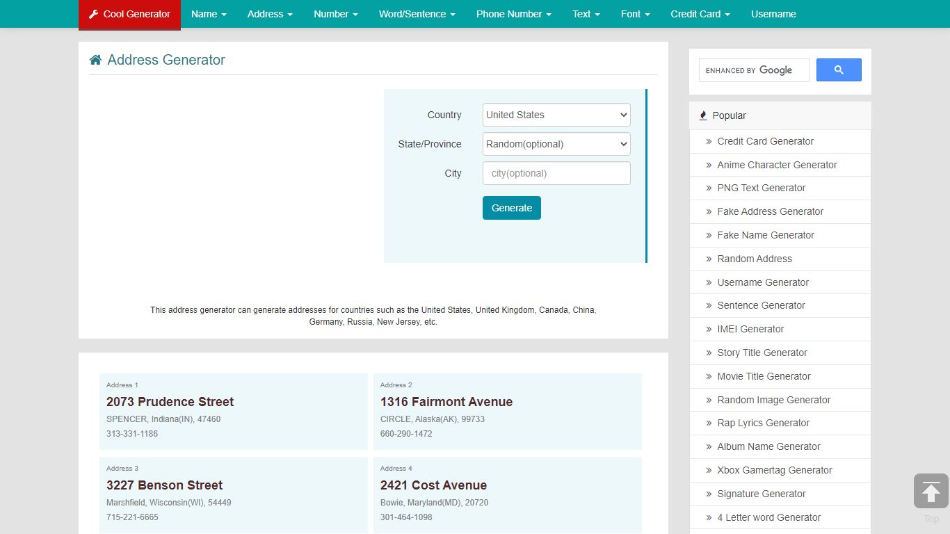 Address Generator | Cool Generator List